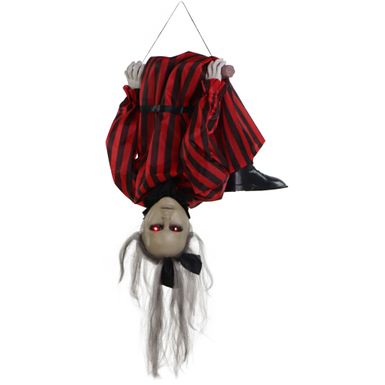 Animatronic Upside-Down Zombie Woman with Trapeze, Sound, and Light-Up Eyes for Hanging Halloween Decoration