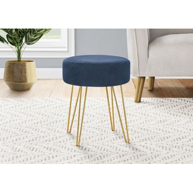 Ottoman/ Pouf/ Footrest/ Foot Stool/ 14" Round/ Fabric/ Metal Legs/ Blue/ Gold/ Contemporary/ Modern