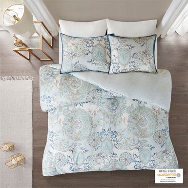 Blue Isla 3 Piece Cotton Floral Printed Reversible Duvet Cover Set Full/Queen