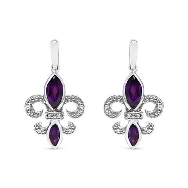 .925 Sterling Silver Marquise Cut Amethyst and Diamond Accent Fleur De Lis Dangle Stud Earrings (H-I Color, SI1-SI2 Clarity)