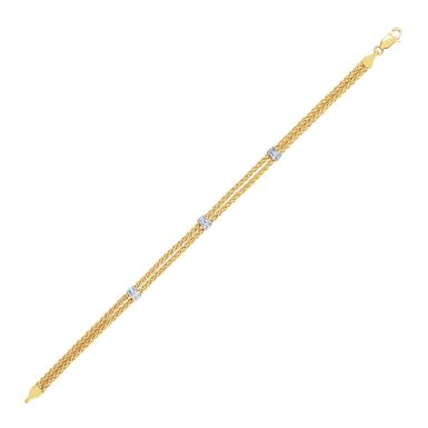 14k Two Tone Gold Dual Wheat Chain Bracelet with Diamond Stations (.02 cttw) (7.25 Inch)