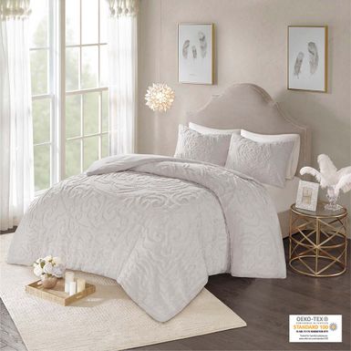 Grey Laetitia 3-Piece Tufted Cotton Chenille Medallion Comforter Set Full/Queen