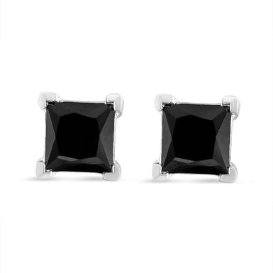 .925 Sterling Silver 1 1/2 Cttw Princess-Cut Square Black Diamond Classic 4-Prong Stud Earrings with Screw Backs (Fancy Color-Enhanced, I2-I3 Clarity)