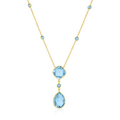 14k Yellow Gold Necklace with Pear-shaped and Cushion Blue Topaz Briolettes (18 Inch)