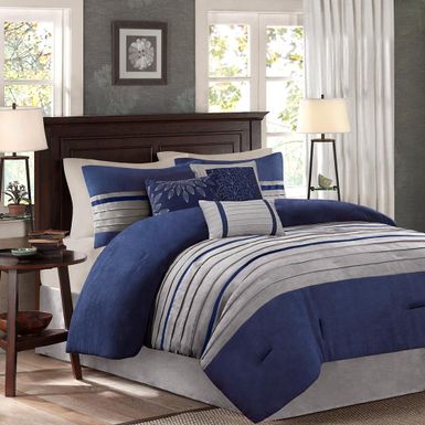 Blue Palmer 7 PC Pieced Faux Suede Comforter Set King