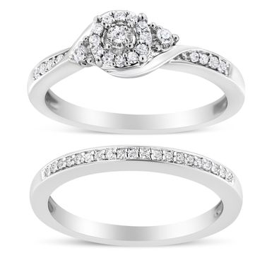 .925 Sterling Silver 1/4 Cttw Diamond Halo and Swirl Engagement Ring and Wedding Band Set (I-J Color, I3 Clarity)- Ring Size 6