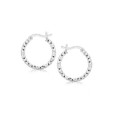 Sterling Silver Faceted Design Hoop Earrings with Rhodium Plating