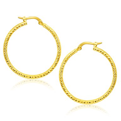 14k Yellow Gold Tube Textured Round Hoop Earrings