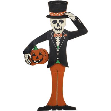 46-In. Skeleton Holding a Carved Pumpkin Wood Yard Stake for Halloween Decoration