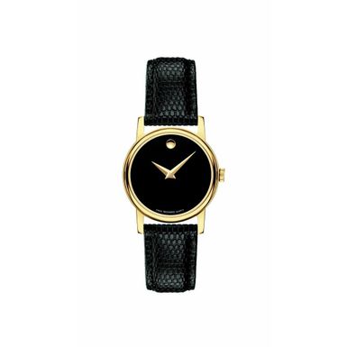 Movado - Ladies Museum Classic Gold & Black Textured Leather Strap Watch Black Dial