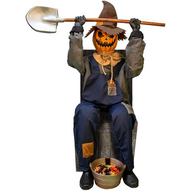 Motion Activated Smiling Jack the Sitting Scarecrow by Tekky, Premium Talking Halloween Animatronic, Plug-In or Battery