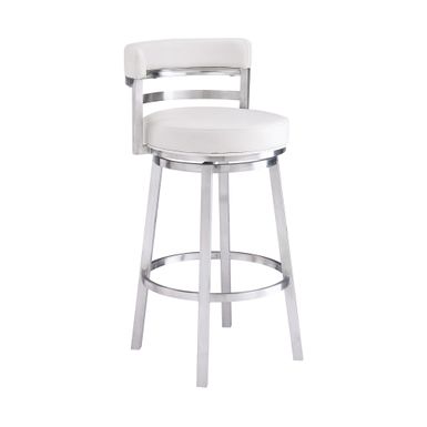 Titana 30" Bar Height Swivel White Faux Leather and Brushed Stainless Steel Bar Stool