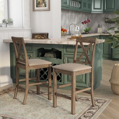 Rustic Wood Padded Counter Height Chairs in Rustic Oak/Brown (Set of 2)