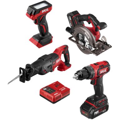 Skil - PWR CORE 20 Brushless 20V 4-Tool Kit Drill Driver Reciprocating Saw Circular Saw and LED Light - Red/Black