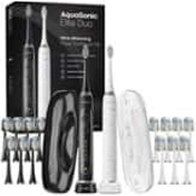 AquaSonic - Elite Duo - Rechargeable Electric Toothbrush Set - 2 Brushes 16 Brush Heads Wireless Travel Cases - White and Black