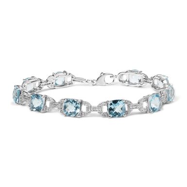 .925 Sterling Silver 7x7 mm Cushion Cut Blue Topaz and 1/20 cttw Round Cut Diamond Fashion Tennis Bracelet (I-J Color, I1-I2 Clarity) - 7"