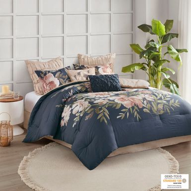 Navy Camillia 8 Piece Cotton Comforter Set, Queen