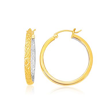 Two Tone Yellow and White Gold Medium Patterned Hoop Earrings