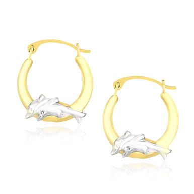 10k Two Tone Gold Round Graduated Dolphin Design Hoop Earrings