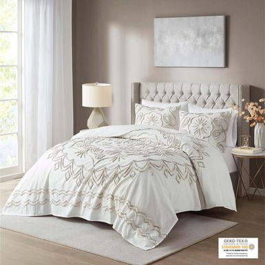 Ivory/Taupe Violette 3 Piece Tufted Cotton Chenille Coverlet Set King/Cal King