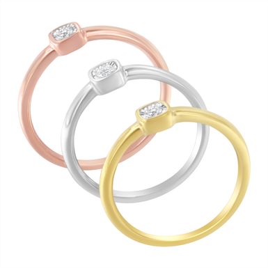 Tri-Color 14K Gold Plated .925 Sterling Silver 1/6 Carat Diamond Square Cushion-Shaped Miracle Set Petite Fashion Promise Ring Set (J-K Color, I1-I2 Clarity) - Size 7