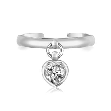 Sterling Silver Rhodium Finished Heart Cubic Zirconia Charm Toe Ring