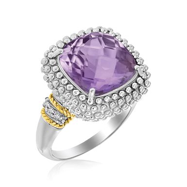 18k Yellow Gold & Sterling Silver Popcorn Ring with Amethyst and Diamond Accents (Size 7)