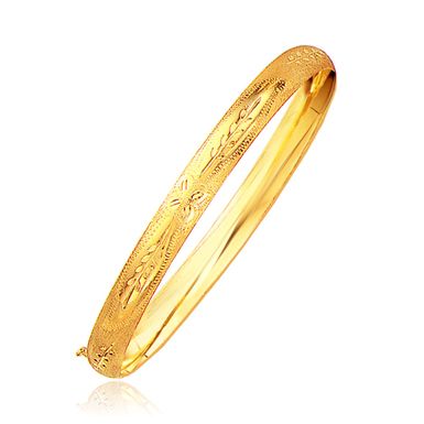 Classic Floral Carved Bangle in 14k Yellow Gold (6.0mm) (8 Inch)