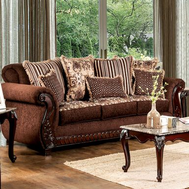 Traditional Fabric Sofa with Rolled Arms in Brown