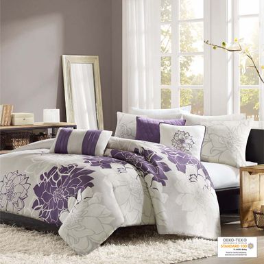 Taupe Grey/Purple Lola 6 Piece Printed Duvet Cover Set King/Cal King