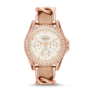 Fossil - Ladies Riley Rose Gold-Tone Crystal Leather Watch Beige Dial