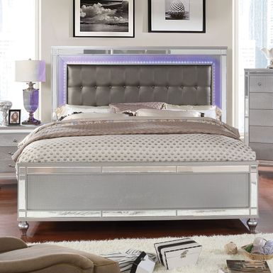 Contemporary Wood Cal King Bed with LED in Silver