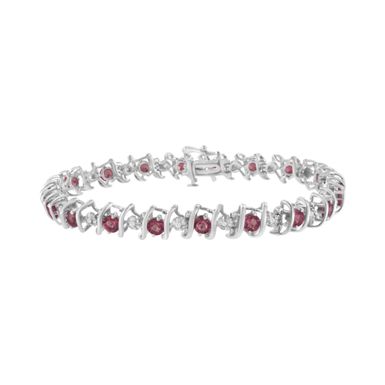 .925 Sterling Silver, Lab-Grown Gemstone and 1/6 Cttw Round Diamond Tennis Bracelet (H-I Color, I1-I2 Clarity) - Created Pink Tourmaline, October Birthstone