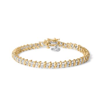 10K Yellow Gold over .925 Sterling Silver 2.0 Cttw Diamond Heart Charm 7" Link Bracelet (I-J Color, I3 Clarity)