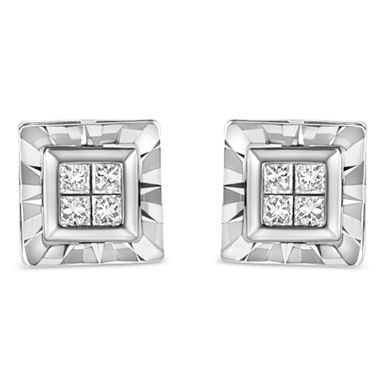 .925 Sterling Silver 1/6 Cttw Invisible Set Princess-Cut Diamond Quad Composite Stud Earrings (H-I Color, I1-I2 Clarity)