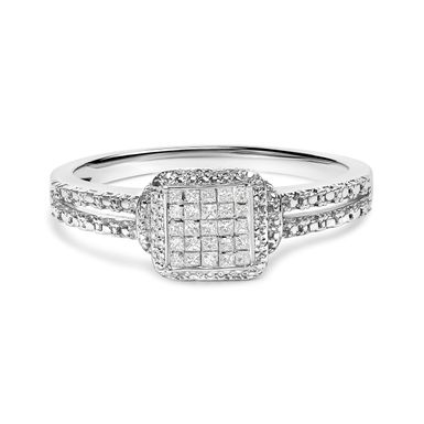 .925 Sterling Silver 1/4 Cttw Princess-cut Diamond Composite Ring with Beaded Halo (H-I Color, SI1-SI2 Clarity) - Size 7