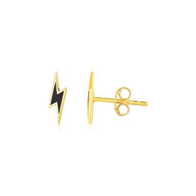 14k Yellow Gold and Enamel Black Lightning Bolt Stud Earrings