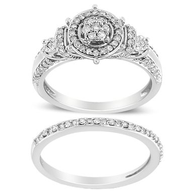 .925 Sterling Silver 1/3 Cttw Diamond 7 Stone Cluster and Halo Engagement Ring and Wedding Band Set (I-J Color, I1-I2 Clarity) - Size 5