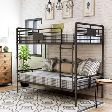 Industrial Metal Queen Over Queen Bunk Bed in Antique Black