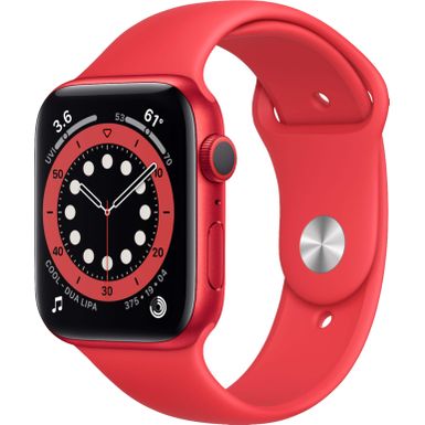 Geek Squad Certified Refurbished Apple Watch Series 6 (GPS) 44mm (PRODUCT)RED Aluminum Case with (PRODUCT)RED Sport Band