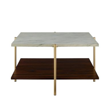 Walker Edison - Modern Square Coffee Table - Faux White Marble/Gold