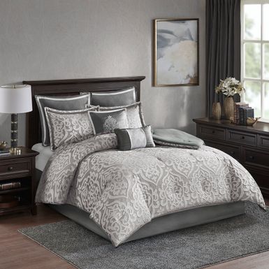 Silver/Silver Odette 8 Piece Jacquard Comforter Set Queen