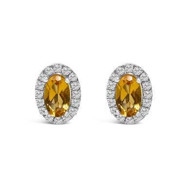 10K White Gold 5x3 MM Oval Yellow Citrine and Diamond Halo Stud Earrings (I-J Color, I1-I2 Clarity)