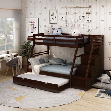 Transitional Wood Twin over Full Storage Bunk Bed in Dark Walnut