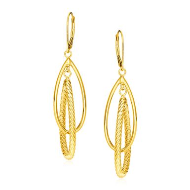 14k Yellow Gold Earrings with Shiny and Textured Teardrop Dangles