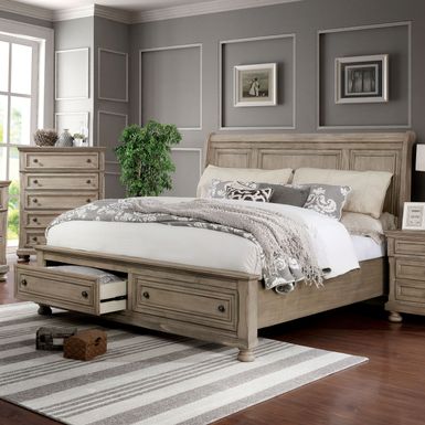 Transitional Rustic Grey Wood 2-Drawer Sleigh Bed - Queen