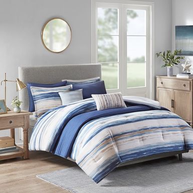 Blue Marina 8 Piece Printed Seersucker Comforter and Coverlet Set Collection Full/Queen