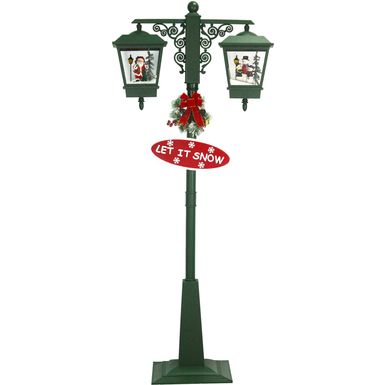 Christmas Time 74-In. Musical Christmas Dual-Lantern Street Lamp with Santa, Snowman, 1 Sign, and Cascading Snow, Green