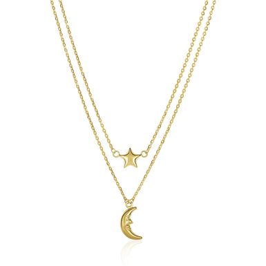 14k Yellow Gold Double Strand Chain Necklace with Puff Moon and Star (18 Inch)