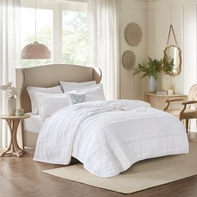 White Celeste 4 Piece Microfiber Reversible Ruffle Quilt Set with Throw Pillow, Full/Queen